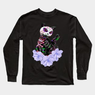 Day Of The Dead Sugar Skull Cat Purple Flowers Long Sleeve T-Shirt